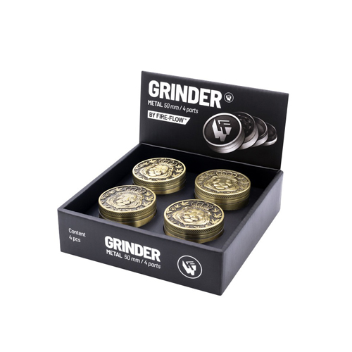 Metal Grinder, 50 mm Ø, 4-part, Screen, Relief_ RASTA LION GOLD-WNC54RAGO-Fire-Flow_2.jpg