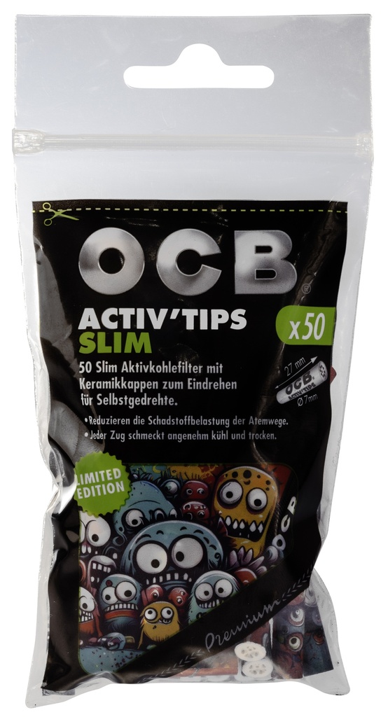 [ZU3SLTD] OCB ACTIV Tips Slim, 7mm Diameter, 27mm Long, 1x50-pack, LE