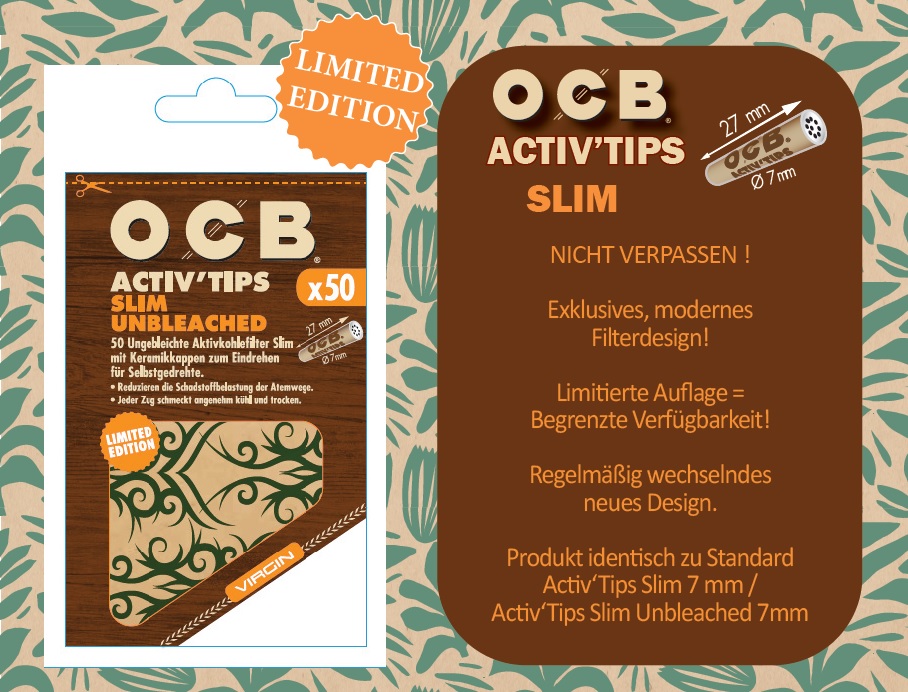 [ZU3SUNBL] OCB ACTIV Tips Slim, 7mm Diameter, Unbleached, 1x50-pack, LE